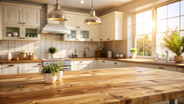 Natural light falls on a rustic wooden table top, surrounded by blurred kitchen counter and cabinets in warm beige tones.