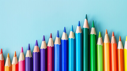 A graph of colored pencils in the shape of an upward trending line, symbolizing growth and progress, on light blue background. The color palette includes vibrant rainbow colors to emphasize creativity