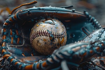 Close-up baseball glove water droplets
