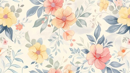 Aesthetic background featuring a vintage floral pattern with delicate hand-drawn flowers and leaves in soft pastel colors on a neutral background.