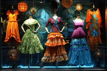 Fototapeta premium Colorful dresses in window display