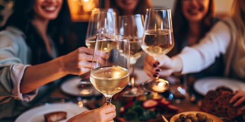 A group of women are holding up their wine glasses in a celebratory manner. Scene is joyful and festive