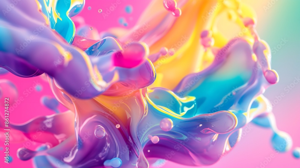 Aufkleber 1. create a surreal scene of vibrant, floating liquid blobs in a rainbow gradient, merging and swirl