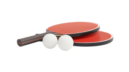 Two Red And Black Table Tennis Paddles With Two White Balls Isolated On White Background