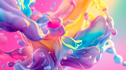 1. Create a surreal scene of vibrant, floating liquid blobs in a rainbow gradient, merging and swirling in a weightless dance against a seamless backdrop.