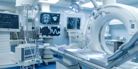 A hospital room with a CT scan machine. The room is clean and sterile, with a blue floor. The CT scan machine is the main focus of the room, and it is surrounded by other medical equipment