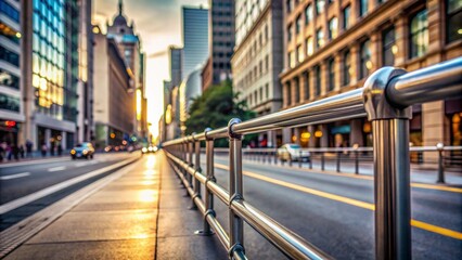 Fototapeta premium empty city street with blurred urban background and long line of identical grey metal railings stretching into distance alone.