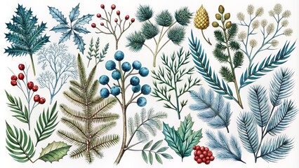 Intricate black outline illustration of winter botanical set featuring fern, larch, eucalyptus, mistletoe, snow berry, and blue thistle in art line style.
