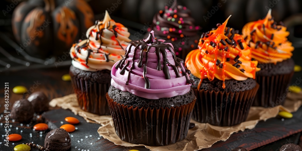 Poster a tray of cupcakes with different colors and toppings, including chocolate and orange frosting. the 