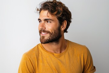 Obraz premium Young handsome man with beard isolated on white background looking to the side and smiling