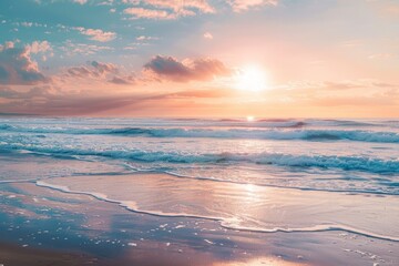 Sunset on the beach, abstract seascape in light colors, copy space