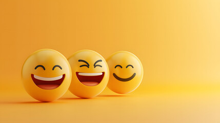 Happy emoticons 3d rendering, on side corner border, isolated yellow background