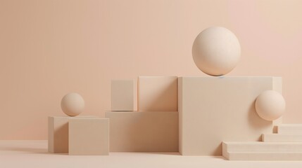 9. Craft a minimalist composition of beige spheres and cubes arranged in a geometric formation, creating a serene and polished background for showcasing products and brand aesthetics. Clipping path