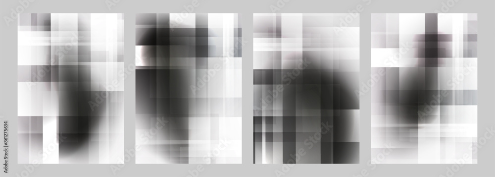 Poster Set of abstract backgrounds with vertical and horizontal dynamic lines. Futuristic defocused gray gradients for creative graphic design. Glitch effect. Vector illustration.