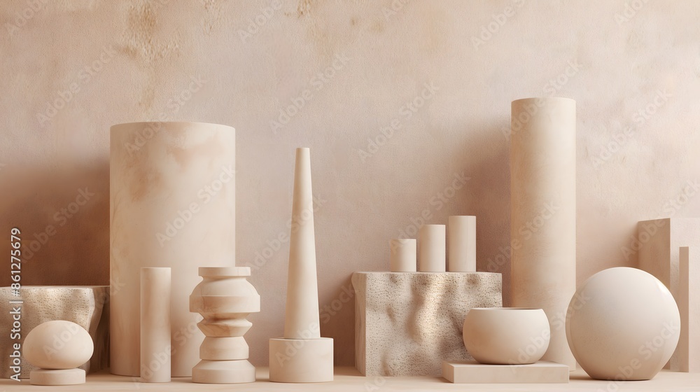 Poster 10. generate an elegant array of beige cylinders and cones, meticulously placed on a textured beige 