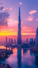 Obraz premium Iconic Skyline of Dubai with at Dazzling Sunset Backdrop