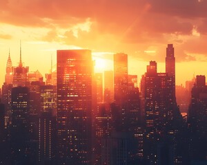 Fototapeta premium Dramatic Sunset Casting a Warm Glow Over the Towering City Skyline