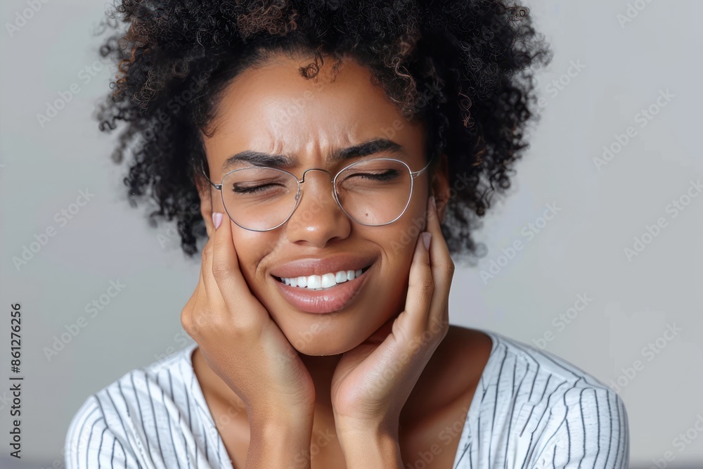 Wall mural Unhealthy upset millennial ethnic woman suffering from strong tooth ache.