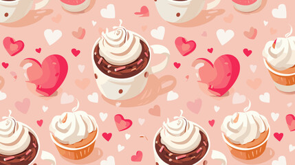 Seamless Valentines Day Pattern with Steaming Cups of Hot Cocoa and Heart-Shaped Cakes in Flat Style