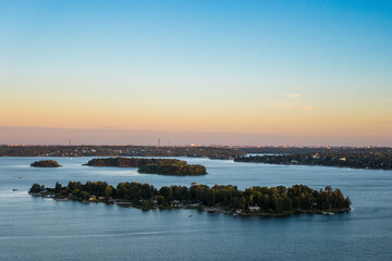 Aerial view of small island in Scandinavia at sunset