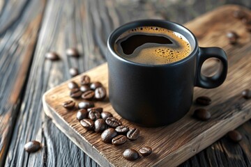 A beautiful modern mug of invigorating black coffee with coffee beans on a wooden background. Place for the label. The concept of hot drinks