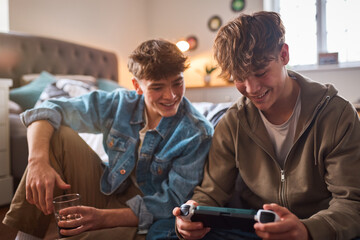 Two Teenage Boys At Home In Bedroom Together Playing On Handheld Computer Gaming Device Together