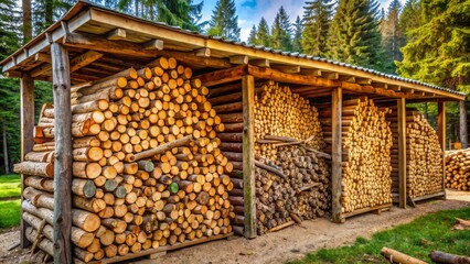 Stacked rows of neatly chopped seasoned firewood logs await winter's chill in a rustic outdoor woodshed storage area.