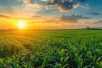 Beautiful environment landscape of green field cornfield or corn in Asia country agriculture harvest with sunset sky background.