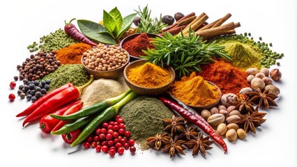 Colorful array of freshly picked Mediterranean herbs and exotic spices isolated on transparent background with realistic shadow effect.