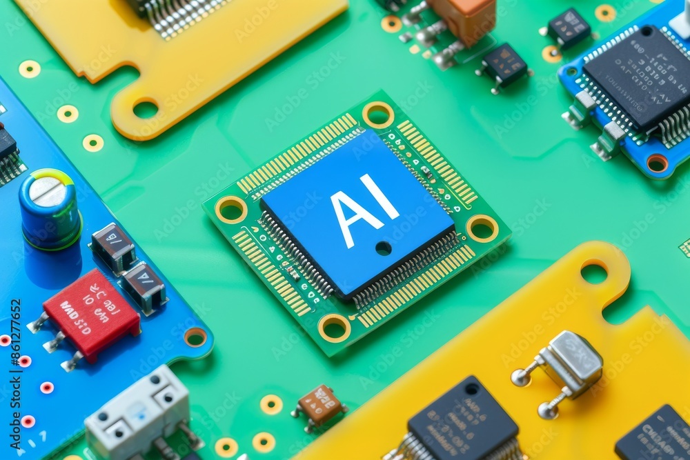 Poster ai chip on a green circuit board with colorful components, representing advanced technology and arti