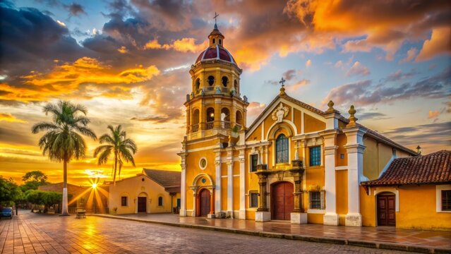 Golden hues of sunset cast a serene glow on the historic Church of Santa Barbara in Mompox, Colombia's tranquil atmosphere.