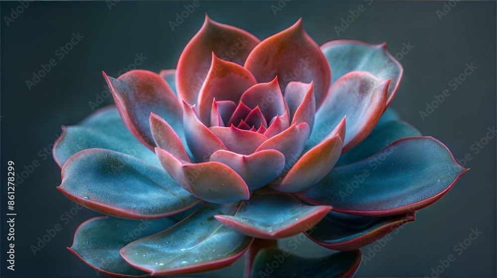 Poster a high-quality widescreen image of a succulent with dew drops on its leaves. the style merges realis