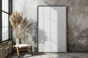 Modern Interior with Blank Canvas Poster Frame and Natural Light