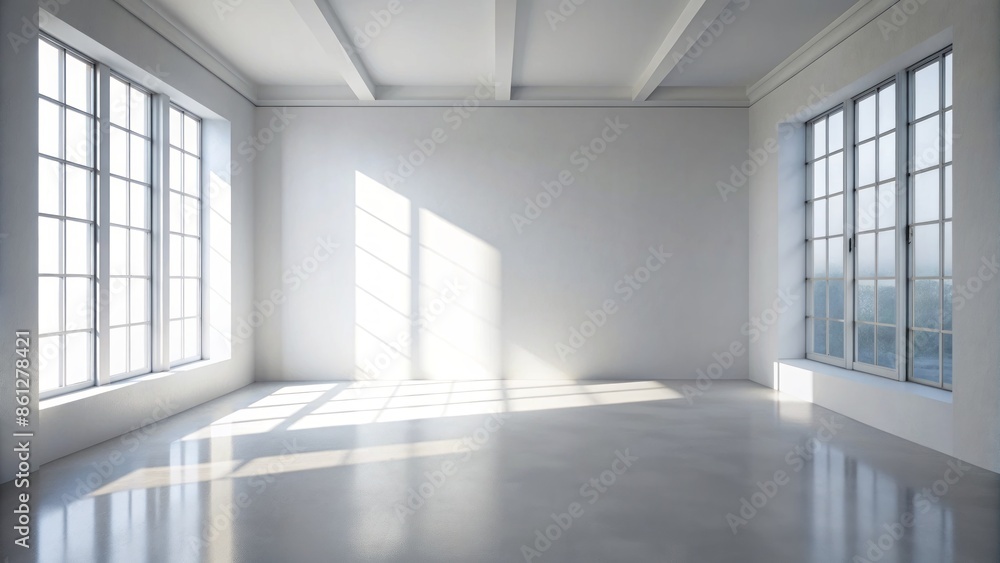 Poster clean minimalist empty studio space with soft shadows of windowpane casting gentle light on pristine