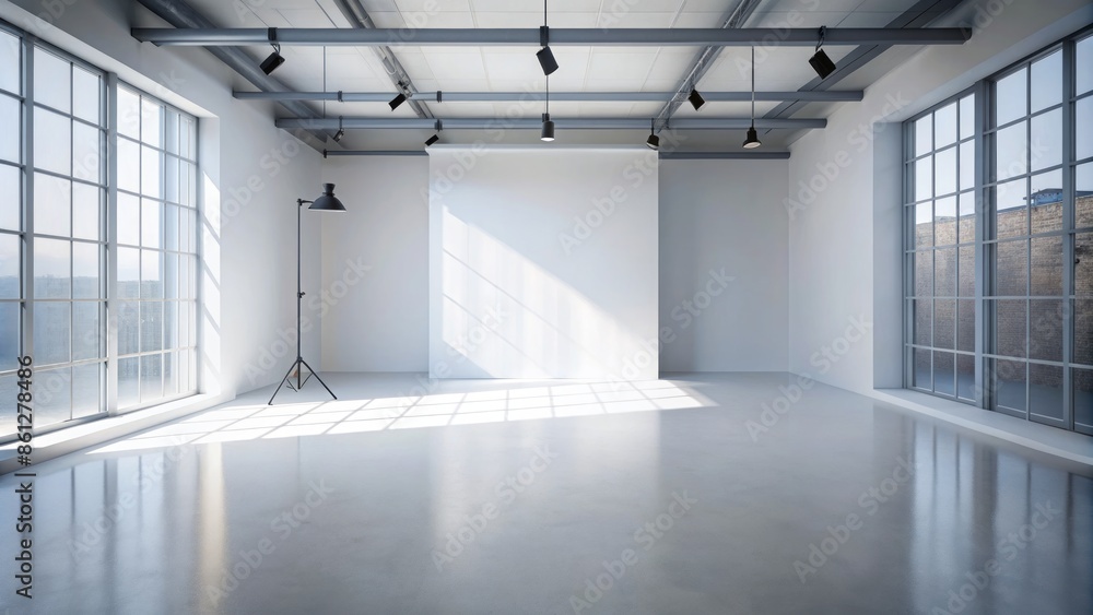 Poster clean and minimalist empty studio space with subtle window shadow, ideal for showcasing products on 