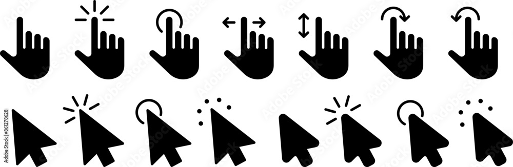 Fototapete Computer mouse click cursor arrow icons set. Clicking cursor. Hand cursors icons click set. Pointer click icon. Loading icon