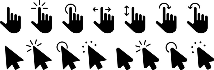 Computer mouse click cursor arrow icons set. Clicking cursor. Hand cursors icons click set. Pointer click icon. Loading icon