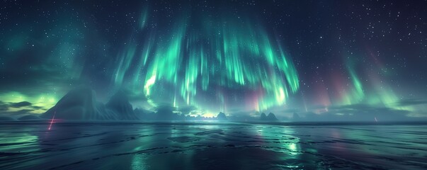 Panorama of the Northern Lights. Vivid green auroras dance across a starlit sky, creating a mesmerizing spectacle, icy landscape below