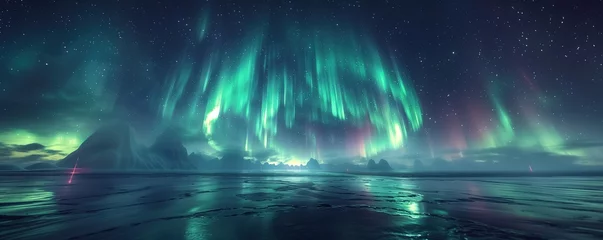 Fleecedeken met foto Panorama of the Northern Lights. Vivid green auroras dance across a starlit sky, creating a mesmerizing spectacle, icy landscape below © athitat