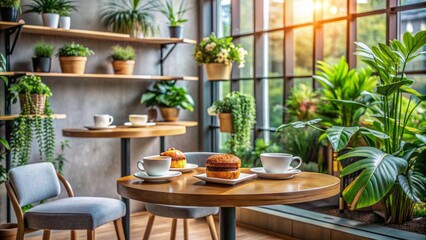 A sleek, modern coffee shop interior with a small table, two cups, and a plate of pastries, surrounded by plants.