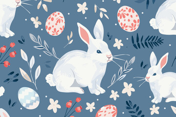 Whimsical Seamless Pattern with Playful Easter Bunnies, Delicate Flowers, and Beautifully Painted Eggs in Charming Cartoon Style