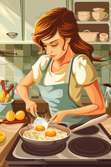 Woman Skillfully Frying Scrambled Eggs for a Hearty Breakfast in Her Warm, Inviting Kitchen