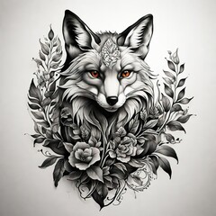 Tattoo design for upper arm. Black and white wild fox head with jungle forest leaves on background. Simple artwork. Pencil ink drawing.	