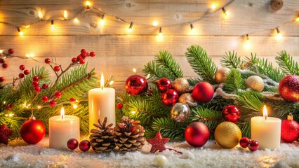 Festive Christmas decorations including garlands, candles, and ornaments against a pristine white background, exuding warmth and holiday cheer.
