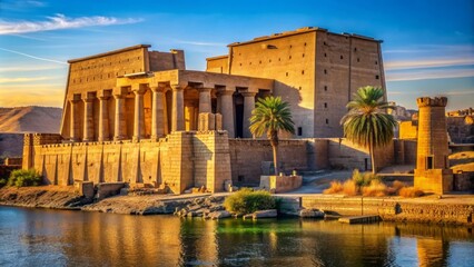 Ancient stone columns and towering walls of Temple of Edfu rise majestically from desert sands on Nile River's west bank.