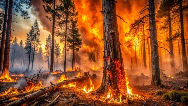 Fiery orange inferno engulfs a drought-stricken forest, flames licking at charred tree trunks, amidst a desolate, smoky, apocalyptic landscape backdrop.