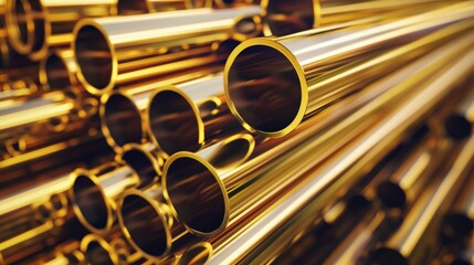 Naklejka premium Stacks of gold-colored galvanized steel pipes neatly arranged in a warehouse