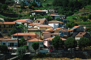 Fototapeta premium A small settlement with houses nestled among the vineyard terraces in the Douro Valley, capturing a picturesque and serene rural landscape.