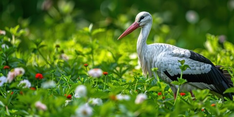Fototapeta premium A white stork in flower-filled green grass.