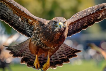 Fototapeta premium Harris's hawk soaring above the field of play. The hawk scares other birds.